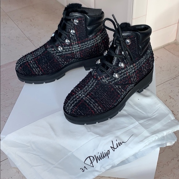 3.1 Phillip Lim Dylan Checkered Tweed Hiking Boots - Picture 8 of 8